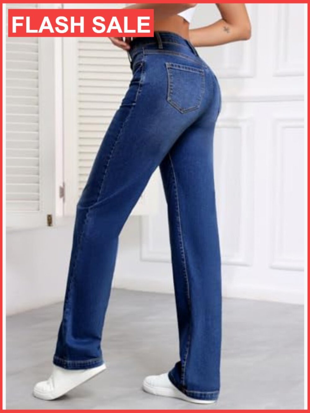 High Waisted Wide Leg Jeans Straight Leg Denim Pants with Pockets - Picture 3 of 7